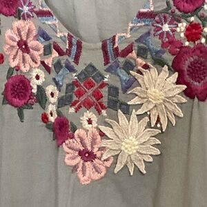 Johnny Was Gray Tunic with Pink and White Embroidery